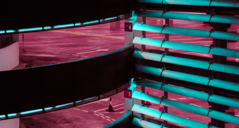 Multi-storey car park illuminated at night