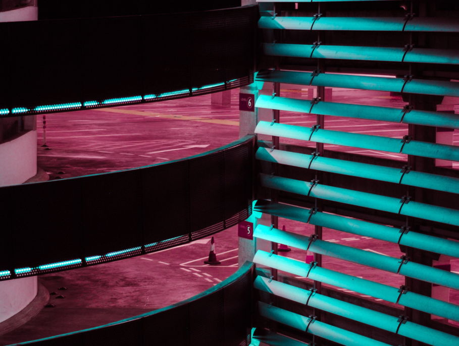 Multi-storey car park illuminated at night