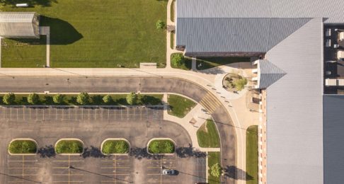 Aerial view of an empty school parking lot