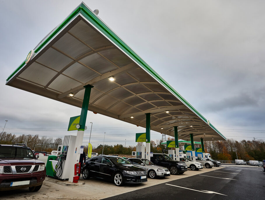 Motorway service station petrol pumps