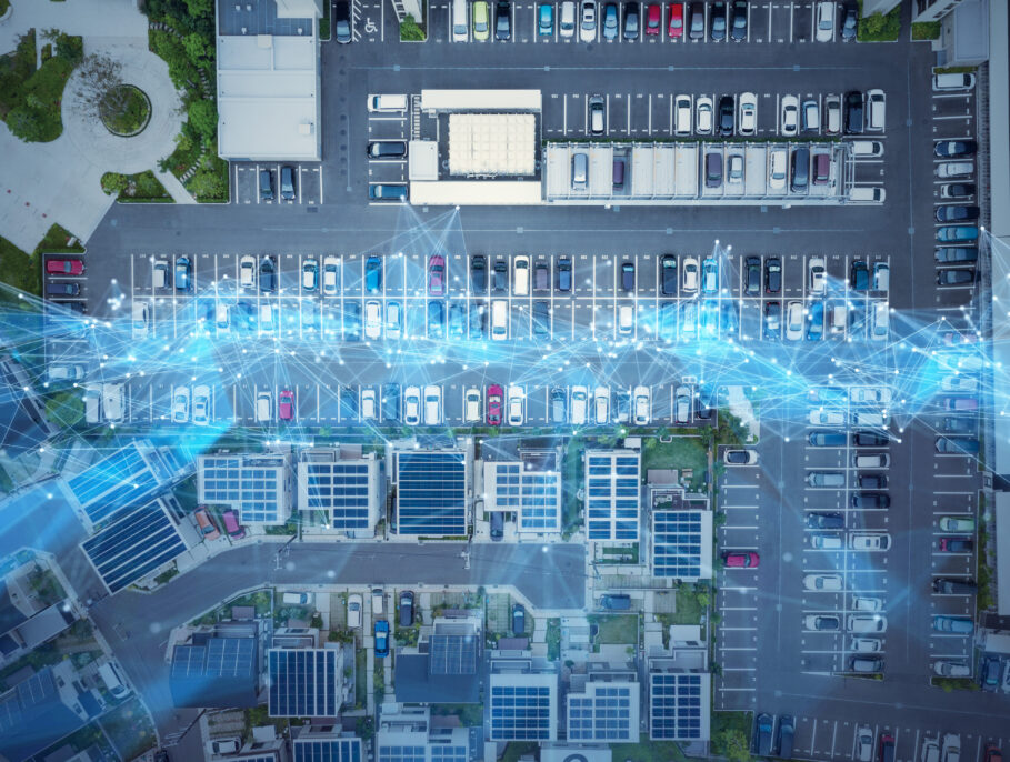 A busy car park with a mockup of fibreoptic anpr data lines swirling over it.