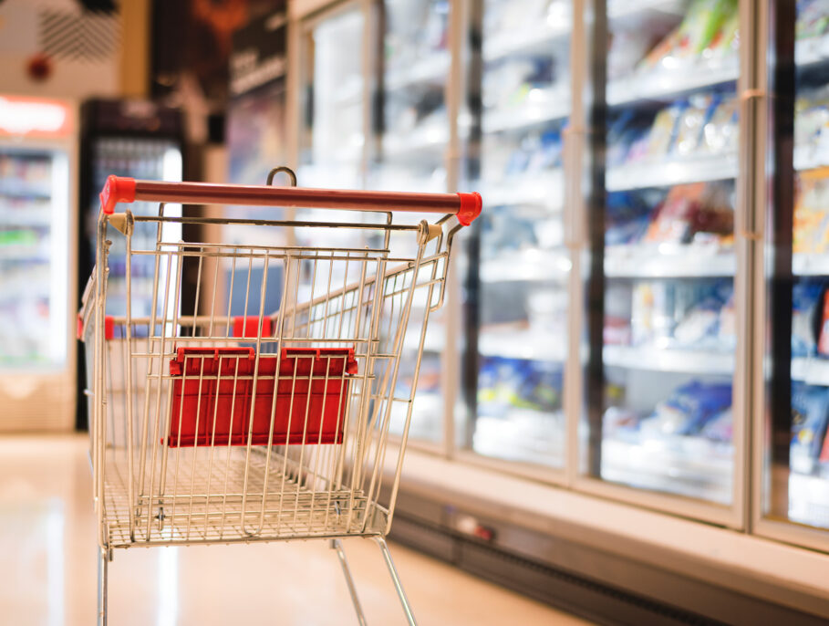 Supermarket trolley alone in the frozen aisle