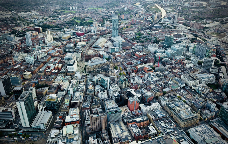 Aerial view of Manchester businesses