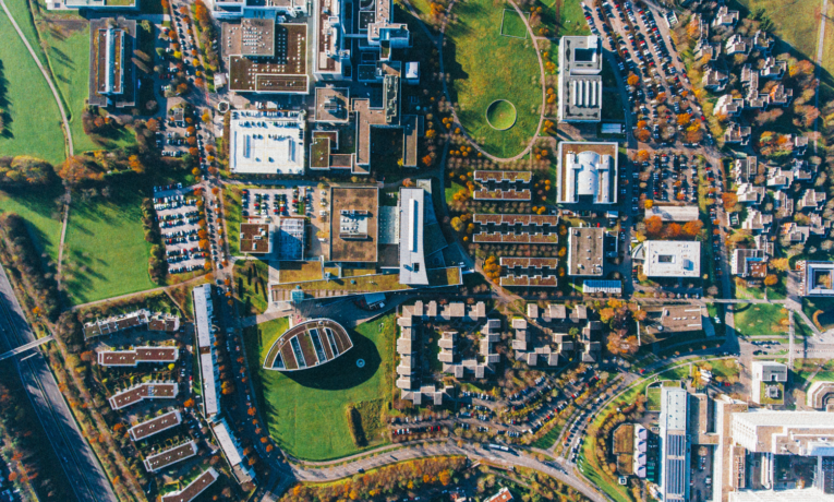 Aerial view of a university campus