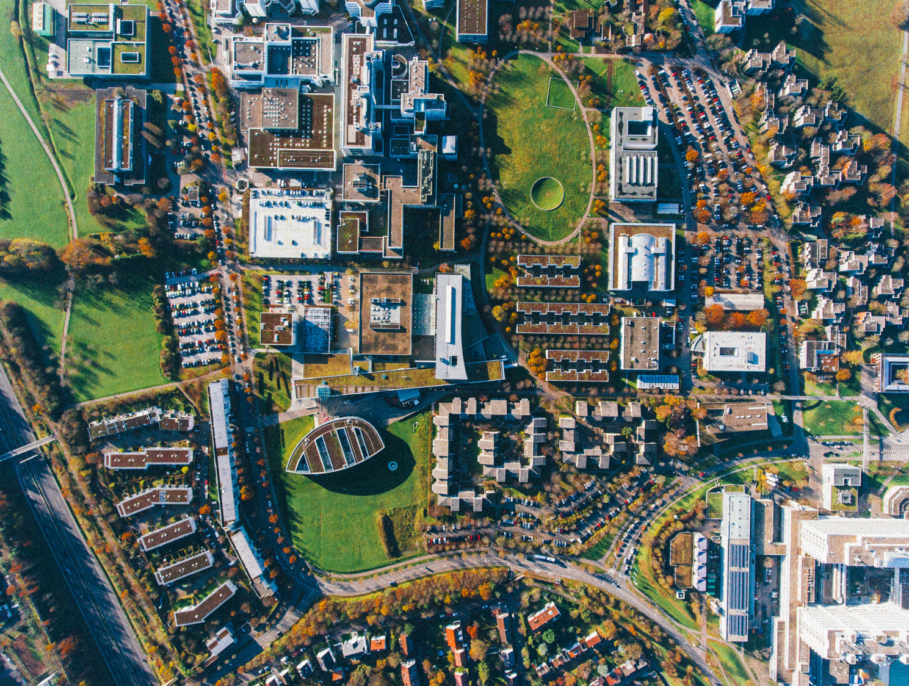 Aerial view of a university campus