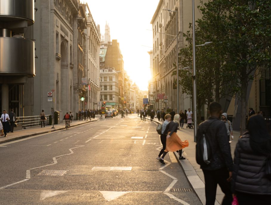 A woman crossing the street in London