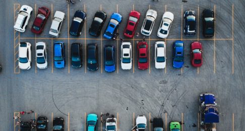 An aerial view of a busy car park