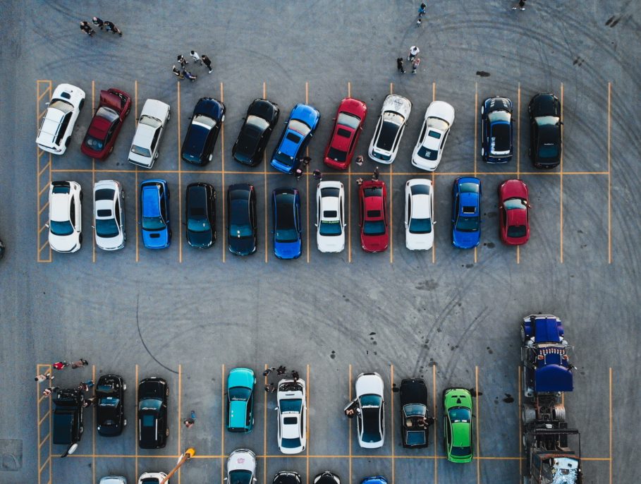 An aerial view of a busy car park